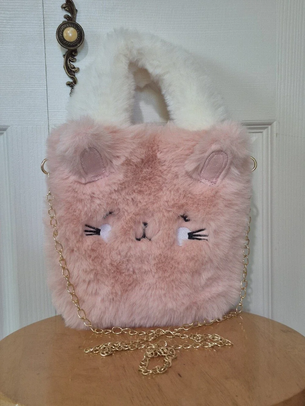 Danbar global pink fluffy bunny purse with gold chain strap
